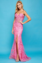 AD 3025 - Beaded Lace Embellished Strapless Fit & Flare Prom Gown With Sheer Corset Bodice Leg Slit & Open Lace Up Back PROM GOWN Adora XL PINK 