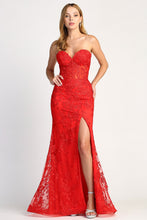 AD 3025 - Beaded Lace Embellished Strapless Fit & Flare Prom Gown With Sheer Corset Bodice Leg Slit & Open Lace Up Back PROM GOWN Adora XS RED 
