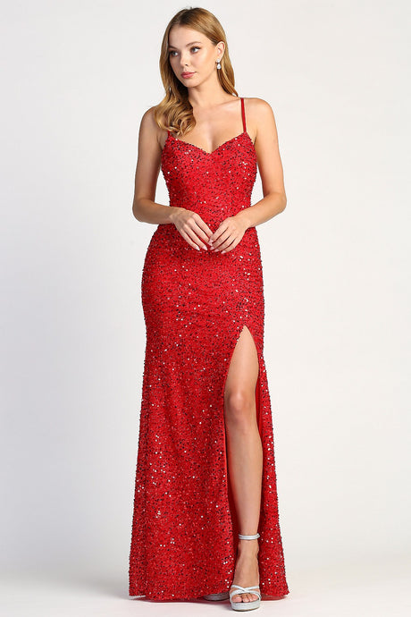 AD 3060 - Full Sequin Fit & Flare Prom Gown With Lace Up Corset Back & Leg Slit PROM GOWN Adora XS RED 
