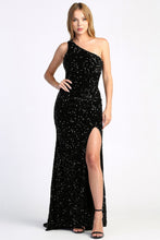 AD 3067 - Full Sequin Velvet One Shoulder Fit & Flare Prom Gown with Leg Slit & Open Back PROM GOWN Adora XS BLACK 