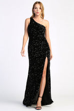 AD 3067 - Full Sequin Velvet One Shoulder Fit & Flare Prom Gown with Leg Slit & Open Back PROM GOWN Adora   