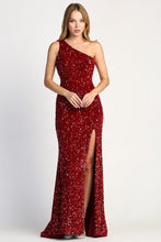 AD 3067 - Full Sequin Velvet One Shoulder Fit & Flare Prom Gown with Leg Slit & Open Back PROM GOWN Adora   