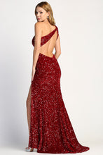 AD 3067 - Full Sequin Velvet One Shoulder Fit & Flare Prom Gown with Leg Slit & Open Back PROM GOWN Adora XS BURGUNDY 
