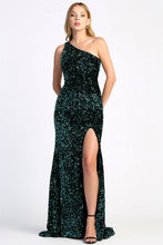 AD 3067 - Full Sequin Velvet One Shoulder Fit & Flare Prom Gown with Leg Slit & Open Back PROM GOWN Adora XS EMERALD/BLACK 