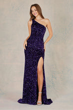 AD 3067 - Full Sequin Velvet One Shoulder Fit & Flare Prom Gown with Leg Slit & Open Back PROM GOWN Adora XS PURPLE 