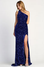 AD 3067 - Full Sequin Velvet One Shoulder Fit & Flare Prom Gown with Leg Slit & Open Back PROM GOWN Adora S ROYAL BLUE 