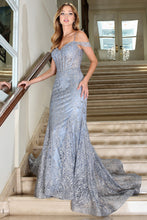 AD 3076 - Off The Shoulder Prom Gown With Glitter Detailing & Sheer Boned Bodice PROM GOWN Adora XS SMOKY BLUE 