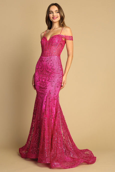 AD 3076 - Off The Shoulder Prom Gown With Glitter Detailing & Sheer Boned Bodice PROM GOWN Adora XS FUCHSIA 