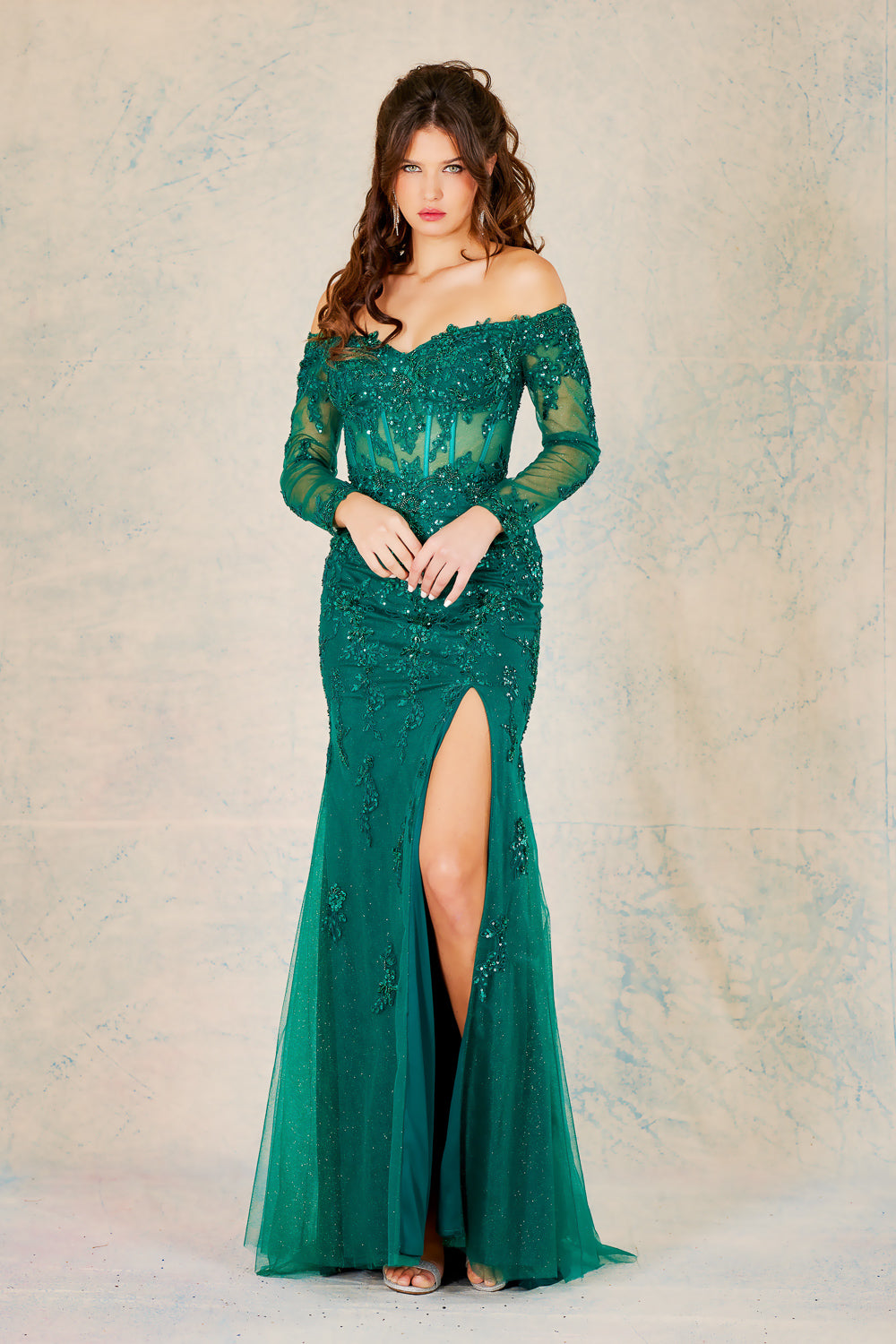 AD 3079 - Sequin Embellished Off the Shoulder Long Sleeve Prom Gown with Sheer Corset Bodice Open Lace Up Back & Leg Slit 2XL / EMERALD AD 3079 - Sequin Embellished Off the Shoulder Long Sleeve Prom Gown with Sheer Corset Bodice Open Lace Up Back & Leg Slit 2XL / EMERALD