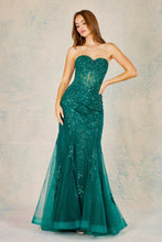 AD 3080 - Beaded Lace Embellished Strapless Fit & Flare Prom Gown With Sheer Boned Bodice & Open Lace up Back PROM GOWN Adora XS EMERALD 