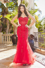 AD 3080 - Beaded Lace Embellished Strapless Fit & Flare Prom Gown With Sheer Boned Bodice & Open Lace up Back PROM GOWN Adora XS RED 