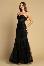AD 3080 - Beaded Lace Embellished Strapless Fit & Flare Prom Gown With Sheer Boned Bodice & Open Lace up Back PROM GOWN Adora XS BLACK 