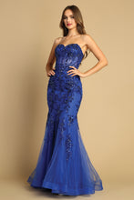 AD 3080 - Beaded Lace Embellished Strapless Fit & Flare Prom Gown With Sheer Boned Bodice & Open Lace up Back PROM GOWN Adora XS ROYAL BLUE 