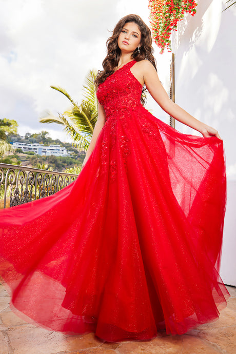 AD 3081 - A-Line One Shoulder Prom Gown With Beaded Lace Embellishment & Strappy Back PROM GOWN Adora XS RED 