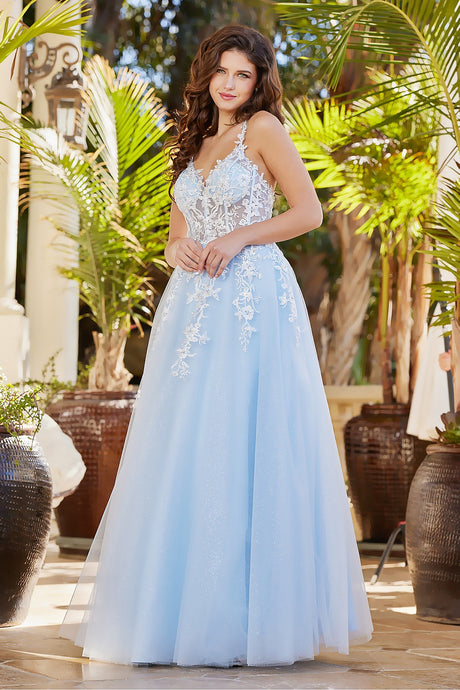 AD 3089 - A-Line Lace Embellished Prom Gown With Sheer Bodice & Open Back PROM GOWN Adora XS BABY BLUE 