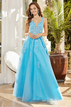 AD 3090 - Beaded Lace Embellished A-Line Prom Gown With Sheer V-Neck Bodice & Lace Up Corset Back PROM GOWN Adora XS DEEP SKY BLUE 