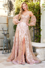 AD 3096 - Removable Puff Sleeve A-Line Prom Gown with Sheer Corset Bodice Open Lace Up Back& Leg Slit PROM GOWN Adora XS ROSE GOLD 