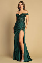 AD 3101 - Sequin Embellished Off the Shoulder Stretch Satin Prom Gown with Sheer Boned Bodice & Leg Slit PROM GOWN Adora XS GREEN 