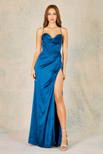 AD 3102 - Stretch Satin Fit & Flare Prom Gown with Cowl Neck Corset Bodice Leg Slit & Open Lace Up Back PROM GOWN Adora XS FRENCH NAVY 