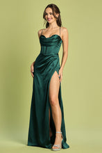 AD 3102 - Stretch Satin Fit & Flare Prom Gown with Cowl Neck Corset Bodice Leg Slit & Open Lace Up Back PROM GOWN Adora S EMERALD 