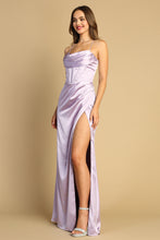 AD 3102 - Stretch Satin Fit & Flare Prom Gown with Cowl Neck Corset Bodice Leg Slit & Open Lace Up Back PROM GOWN Adora XS LAVENDER 