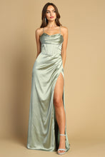 AD 3102 - Stretch Satin Fit & Flare Prom Gown with Cowl Neck Corset Bodice Leg Slit & Open Lace Up Back PROM GOWN Adora XS SAGE 