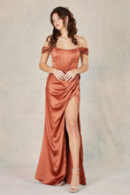 AD 3103 - Off the Shoulder Stretch Satin Prom Gown with Boned Corset Bodice Leg Slit & Open Lace Up Back PROM GOWN Adora XS COPPER 