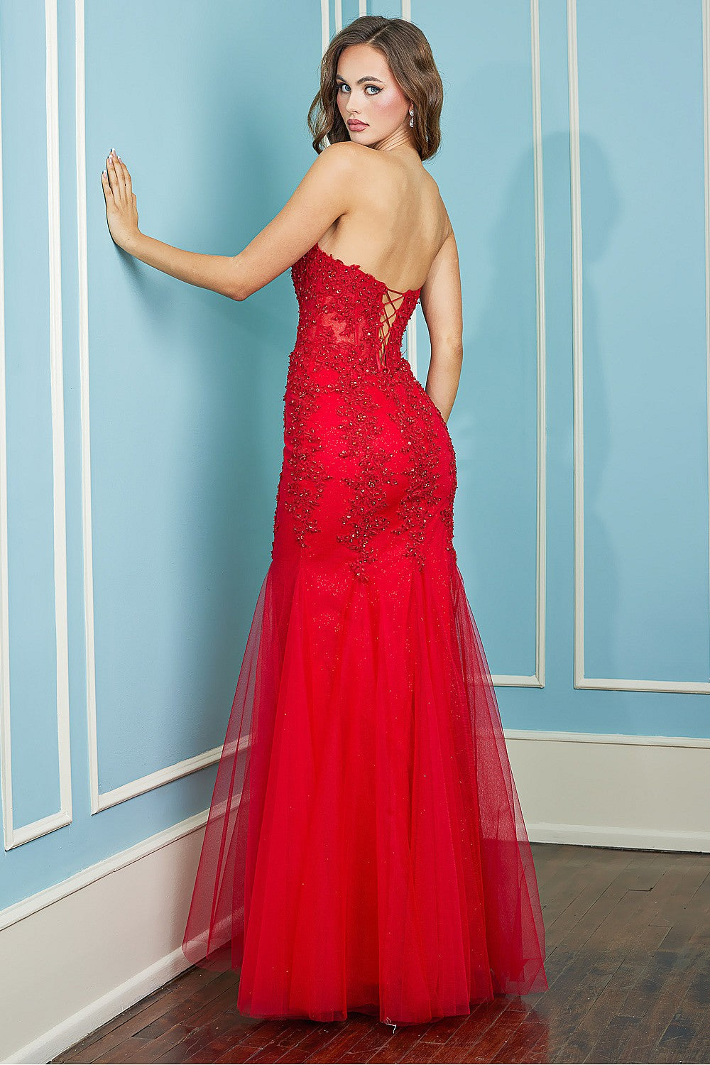 AD 3108 - Fit & Flare Strapless Beaded Lace Embellished Prom Gown With –  Diggz Formals