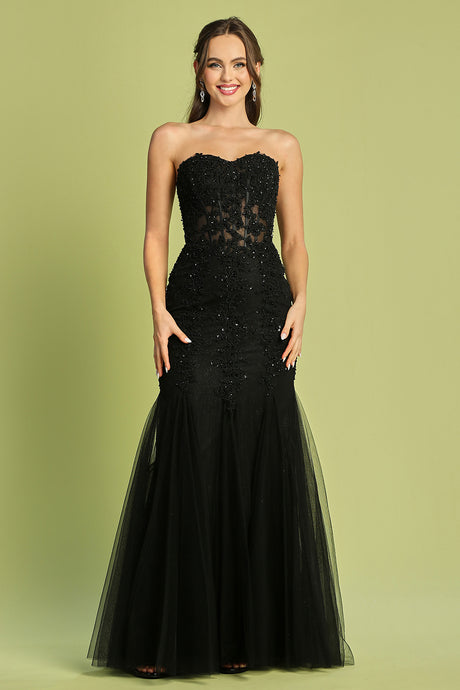 AD 3108 - Fit & Flare Strapless Beaded Lace Embellished Prom Gown With Corset Back PROM GOWN Adora XS BLACK 