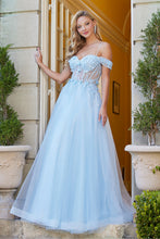 AD 3109 - Off The Shoulder A-Line Prom Gown With Lace Embellished Sheer Boned Bodice & Corset Back Prom Dress Adora XS BABY BLUE 