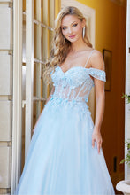 AD 3109 - Off The Shoulder A-Line Prom Gown With Lace Embellished Sheer Boned Bodice & Corset Back Prom Dress Adora   