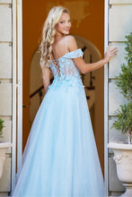 AD 3109 - Off The Shoulder A-Line Prom Gown With Lace Embellished Sheer Boned Bodice & Corset Back Prom Dress Adora   