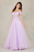 AD 3109 - Off The Shoulder A-Line Prom Gown With Lace Embellished Sheer Boned Bodice & Corset Back Prom Dress Adora XS LILAC 