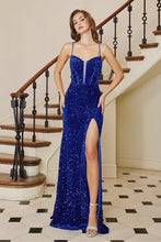 AD 3110 -Full Sequin Fit & Flare Prom Gown With Boned Corset V-Neck Bodice Lace Up Open Back & Leg Slit PROM GOWN Adora XS ROYAL BLUE 