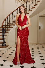 AD 3113 - Full Sequin Fit & Flare Prom Gown with Plunging V-Neck Open Lace Up Back & leg Slit PROM GOWN Adora XS RED 