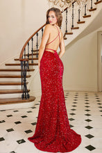AD 3113 - Full Sequin Fit & Flare Prom Gown with Plunging V-Neck Open Lace Up Back & leg Slit PROM GOWN Adora   