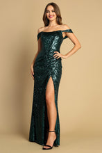 AD 3119 - Full Sequin Off The Shoulder Fit & Flare Prom Gown With Lace Up Back & Leg Slit PROM GOWN Adora XS EMERALD 