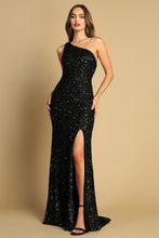 AD 3121 - Full Sequin One Shoulder Prom Gown with Leg Slit & Strappy Back PROM GOWN Adora   