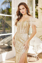 AD 3122 -Glitter Detailed Fit & Flare Prom Gown With Feather Accented Straps & Plunging V-Neckline PROM GOWN Adora XS CHAMPAGNE 