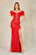 AD 3122 -Glitter Detailed Fit & Flare Prom Gown With Feather Accented Straps & Plunging V-Neckline PROM GOWN Adora XS RED 