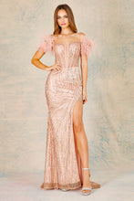 AD 3122 -Glitter Detailed Fit & Flare Prom Gown With Feather Accented Straps & Plunging V-Neckline PROM GOWN Adora XS ROSE GOLD 