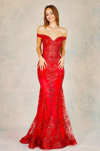 AD 3123 - Off The Shoulder Glitter Detailed Prom Gown With Sheer Boned Bodice & Lace Up Corset Back PROM GOWN Adora XS RED 