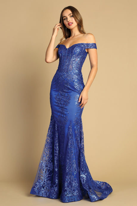 AD 3123 - Off The Shoulder Glitter Detailed Prom Gown With Sheer Boned Bodice & Lace Up Corset Back PROM GOWN Adora XS ROYAL BLUE 
