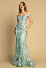 AD 3123 - Off The Shoulder Glitter Detailed Prom Gown With Sheer Boned Bodice & Lace Up Corset Back PROM GOWN Adora XS SAGE 