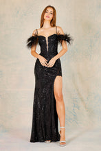 AD 3124 - Glitter Embellished Off The Shoulder Corset Back Prom Gown With Feather Accented Straps & Detailed Leg Slit PROM GOWN Adora XS BLACK 