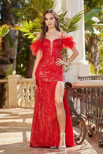 AD 3124 - Glitter Embellished Off The Shoulder Corset Back Prom Gown With Feather Accented Straps & Detailed Leg Slit PROM GOWN Adora XS RED 
