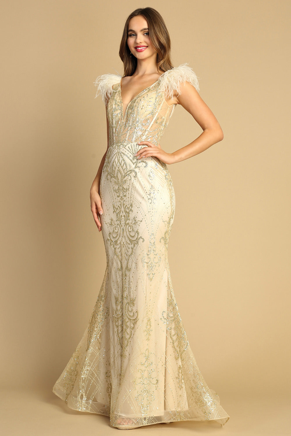 AD 3130 - Feather Accented Glitter Applique Prom Gown With Sheer Boned Bodice & Open Back AD 3130 - Feather Accented Glitter Applique Prom Gown With Sheer Boned Bodice & Open Back