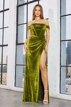 AD 3131 - Stretch Velvet Off the Shoulder Fit & Flare Prom Gown with Cowl Neck Boned Bodice & Leg Slit PROM GOWN Adora XS OLIVE GREEN 