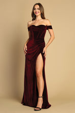 AD 3131 - Stretch Velvet Off the Shoulder Fit & Flare Prom Gown with Cowl Neck Boned Bodice & Leg Slit PROM GOWN Adora XS BURGUNDY 