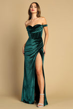 AD 3131 - Stretch Velvet Off the Shoulder Fit & Flare Prom Gown with Cowl Neck Boned Bodice & Leg Slit PROM GOWN Adora XS EMERALD 